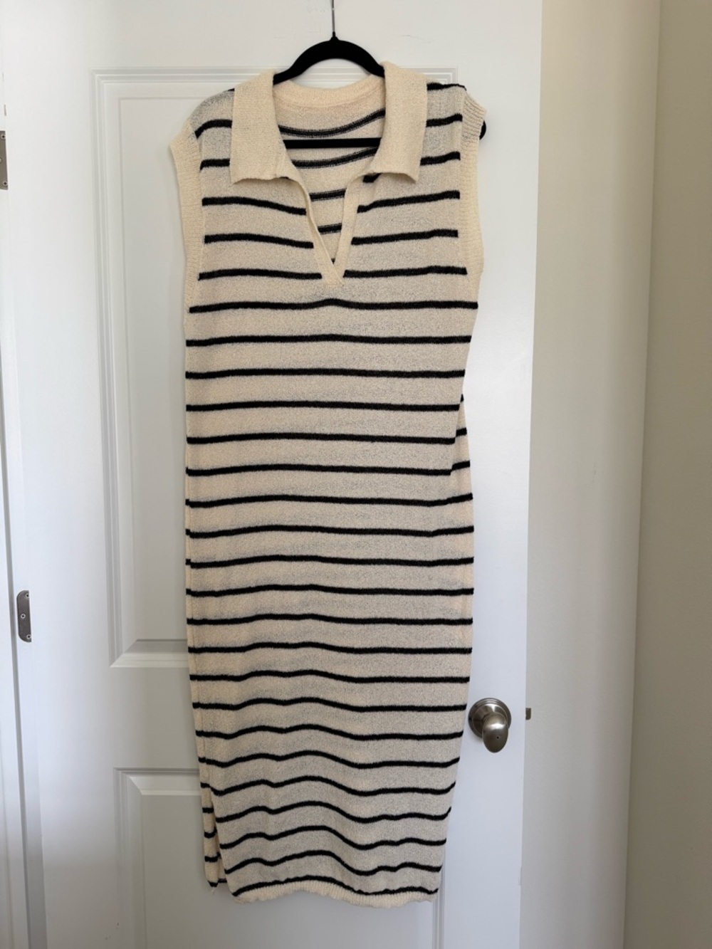 SHEIN Cream and Black Striped Collared Midi Dress